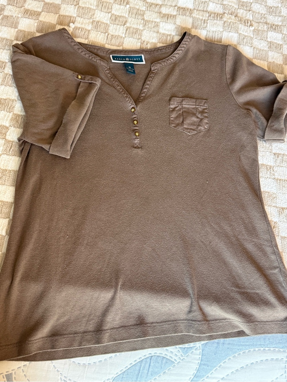 Karen Scott Men's Brown Short Sleeve Henley Pocket Shirt